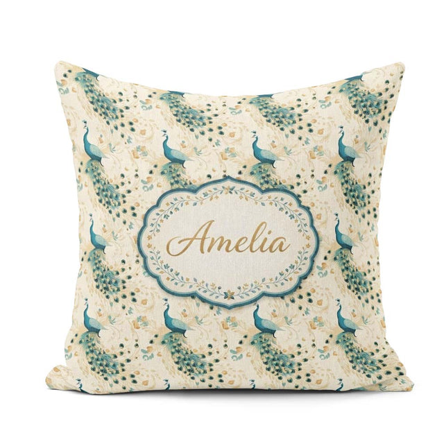 Custom Name Graceful Peacock Birds with Flowing Feather Seamless Square Filled Cushion Throw Pillow Sofa Bed Home Decor Zip Washable UK Made