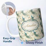 Personalized Custom Name Graceful Peacock Birds with Flowing Feather Trails Seamless Pattern 11oz Ceramic Coffee Tea Mug White Large Handle