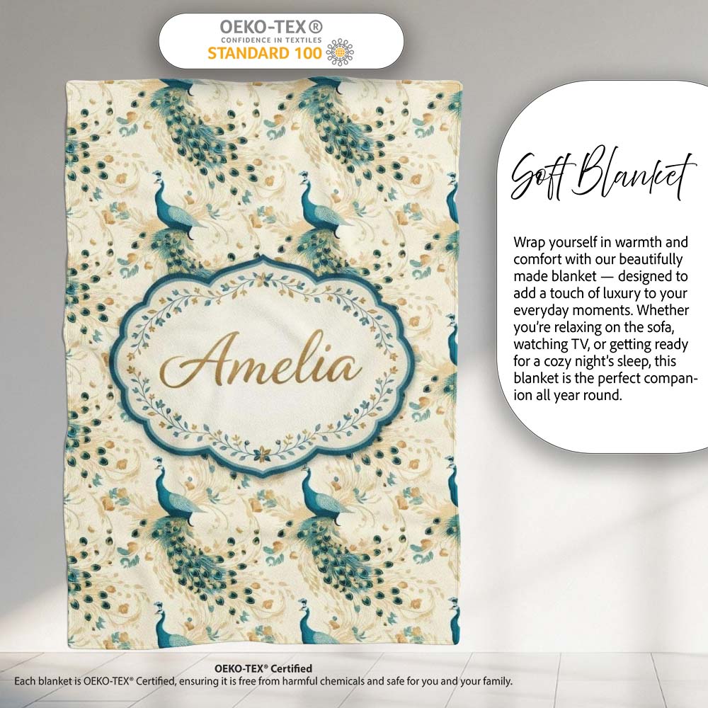 Graceful Peacock Birds with Flowing Feather Trails Seamless Pattern  Personalised Custom Name Super Soft Fleece Blanket Bed Sofa Throw