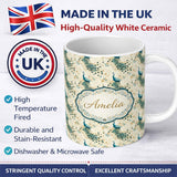 Personalized Custom Name Graceful Peacock Birds with Flowing Feather Trails Seamless Pattern 11oz Ceramic Coffee Tea Mug White Large Handle