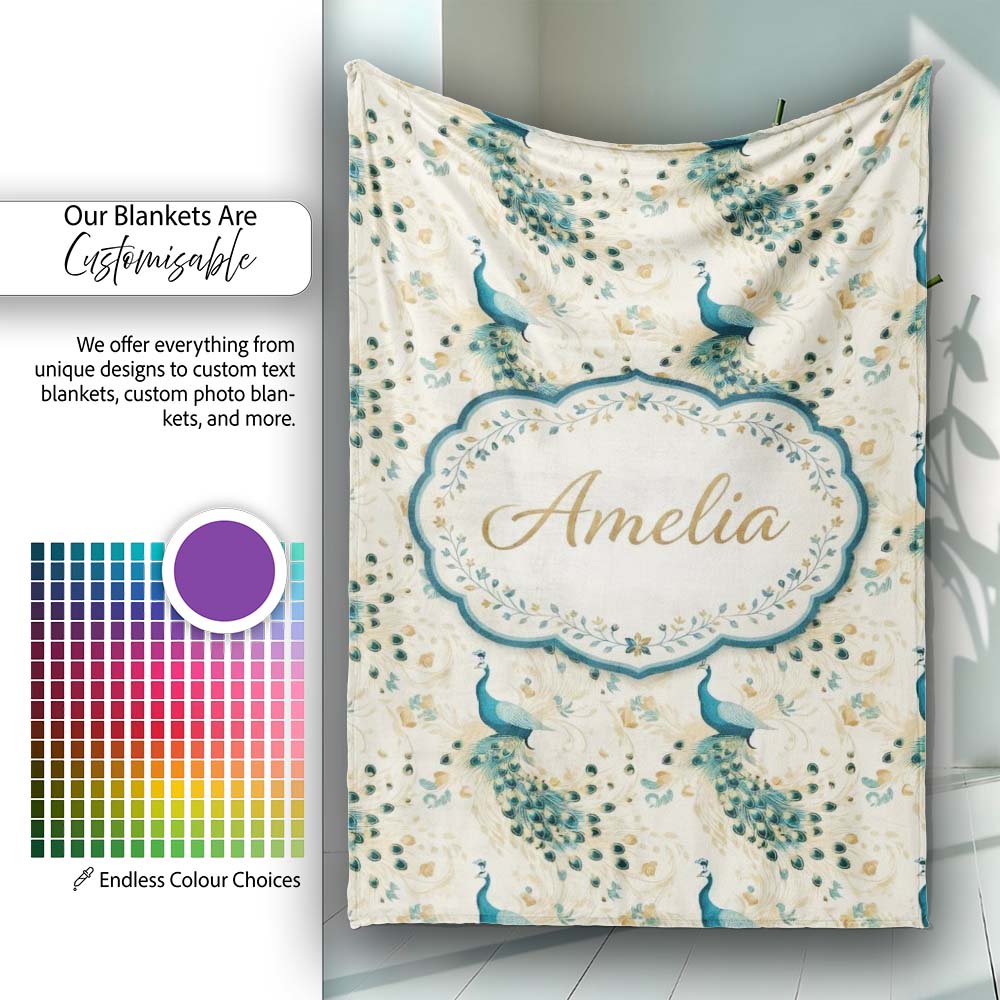Graceful Peacock Birds with Flowing Feather Trails Seamless Pattern  Personalised Custom Name Super Soft Fleece Blanket Bed Sofa Throw