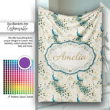 Graceful Peacock Birds with Flowing Feather Trails Seamless Pattern  Personalised Custom Name Super Soft Fleece Blanket Bed Sofa Throw