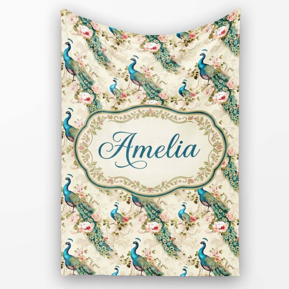 Vintage Peacock Birds with Pink Roses Floral Garden Seamless  Personalised Custom Name Super Soft Fleece Blanket Bed Sofa Throw
