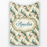 Vintage Peacock Birds with Pink Roses Floral Garden Seamless  Personalised Custom Name Super Soft Fleece Blanket Bed Sofa Throw
