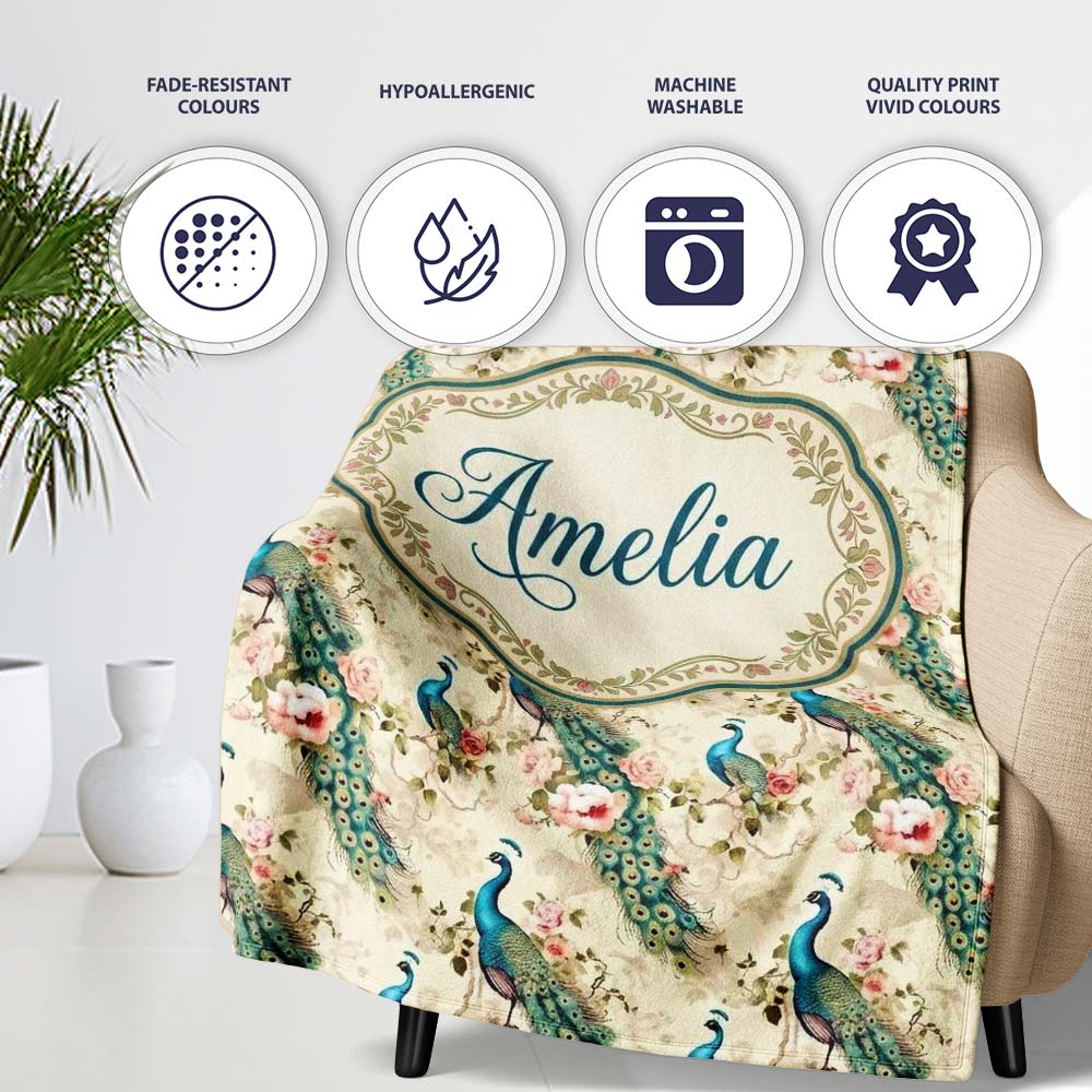 Vintage Peacock Birds with Pink Roses Floral Garden Seamless  Personalised Custom Name Super Soft Fleece Blanket Bed Sofa Throw