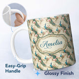 Personalized Custom Name Vintage Peacock Birds with Pink Roses Floral Garden Seamless 11oz Ceramic Coffee Tea Mug White Large Handle