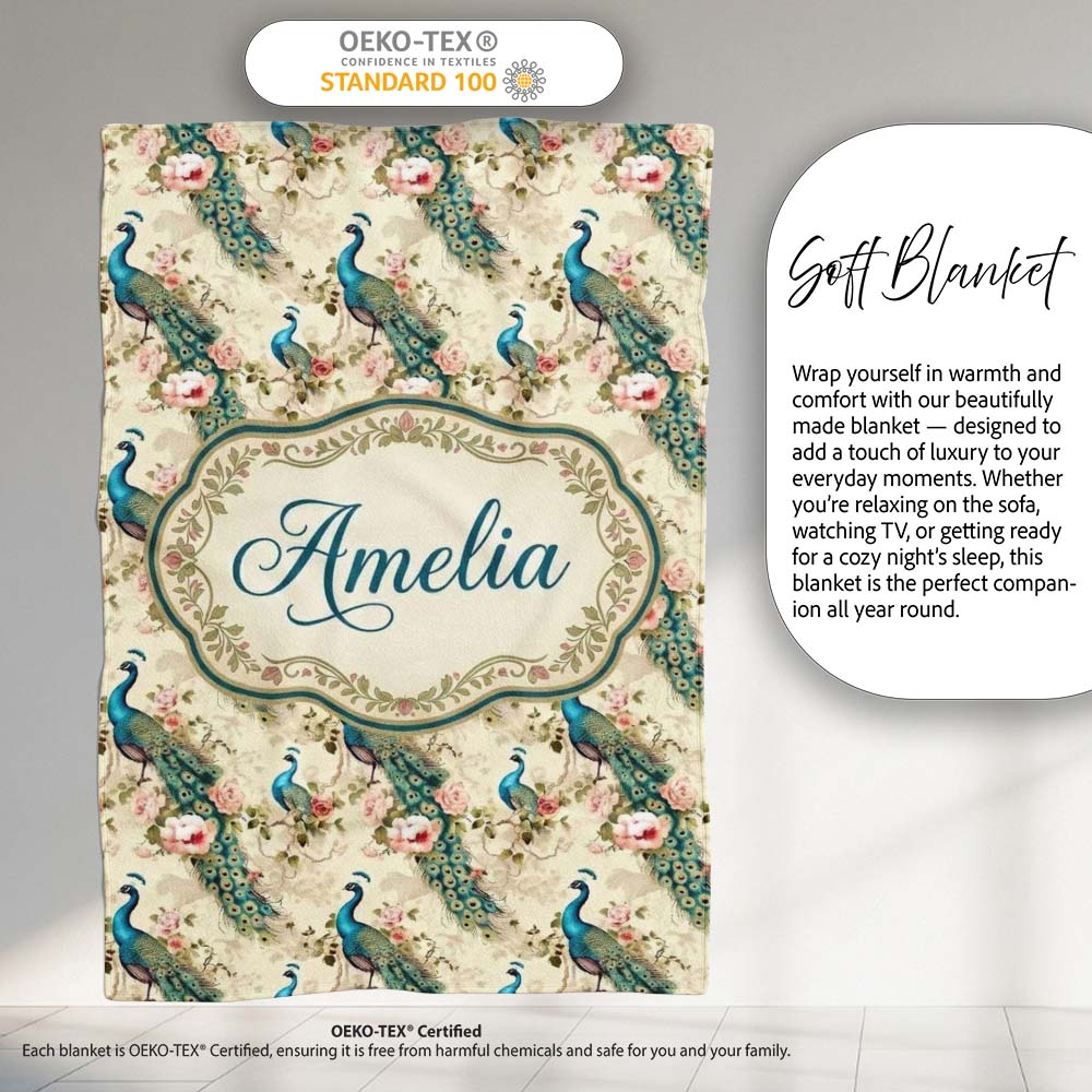 Vintage Peacock Birds with Pink Roses Floral Garden Seamless  Personalised Custom Name Super Soft Fleece Blanket Bed Sofa Throw