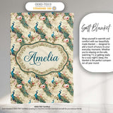 Vintage Peacock Birds with Pink Roses Floral Garden Seamless  Personalised Custom Name Super Soft Fleece Blanket Bed Sofa Throw
