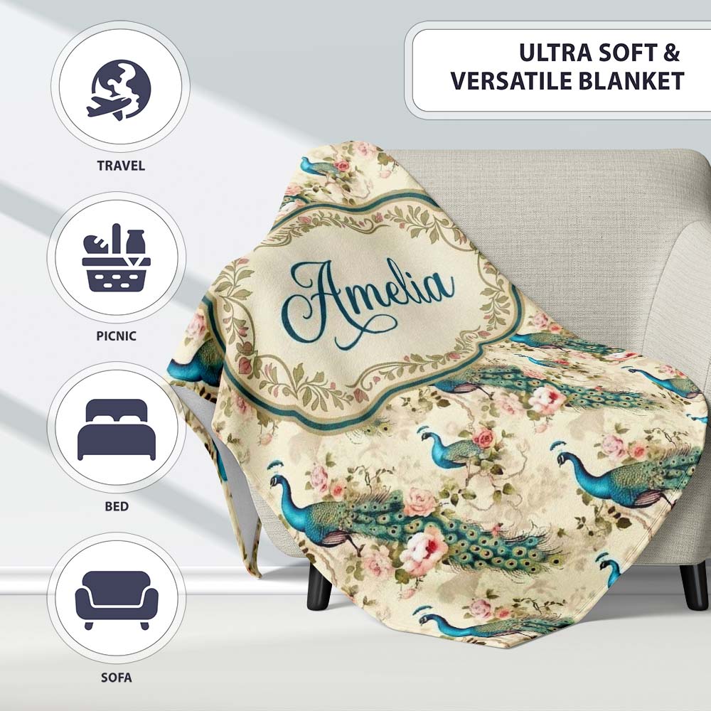 Vintage Peacock Birds with Pink Roses Floral Garden Seamless  Personalised Custom Name Super Soft Fleece Blanket Bed Sofa Throw