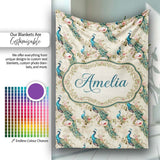 Vintage Peacock Birds with Pink Roses Floral Garden Seamless  Personalised Custom Name Super Soft Fleece Blanket Bed Sofa Throw