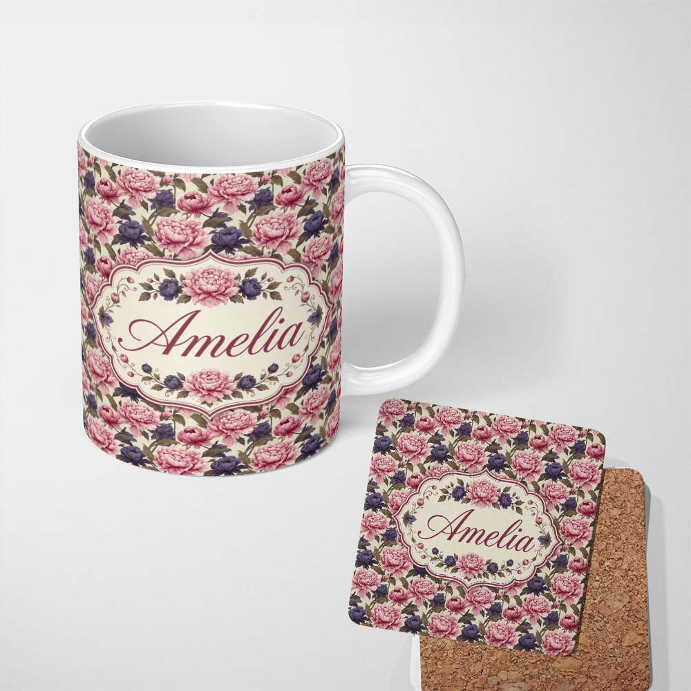 Personalized Custom Name Soft Peony Flowers in Blush Pink and Cream Seamless Pattern Name 11oz Ceramic Coffee Tea Mug White Large Handle