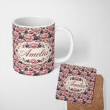 Personalized Custom Name Soft Peony Flowers in Blush Pink and Cream Seamless Pattern Name 11oz Ceramic Coffee Tea Mug White Large Handle