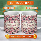 Personalized Custom Name Soft Peony Flowers in Blush Pink and Cream Seamless Pattern Name 11oz Ceramic Coffee Tea Mug White Large Handle