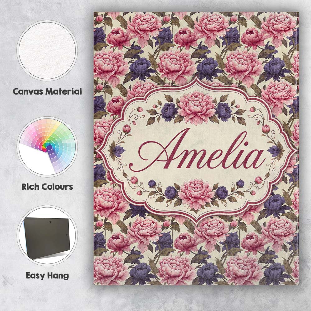 Personalised Name Soft Peony Flowers in Custom  Modern Room Accent Elegant Feature Canvas Wall Art Print Decor Picture Ready to Hang