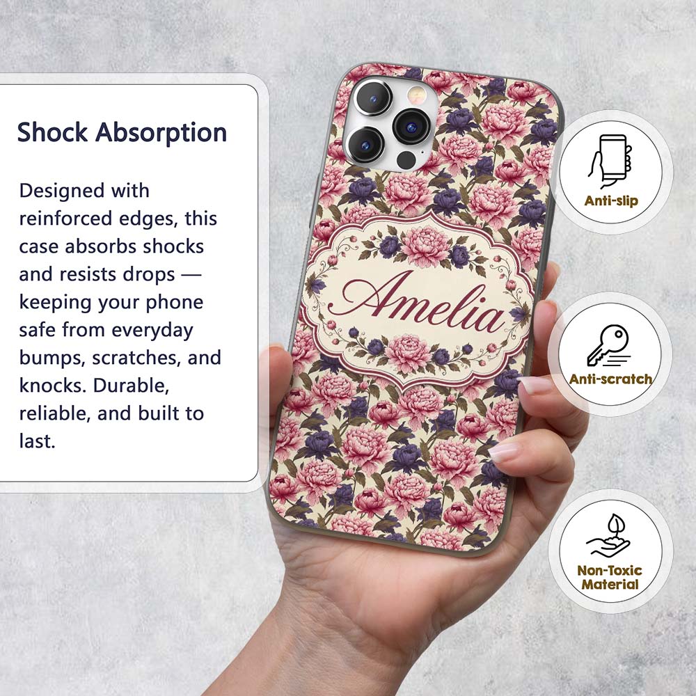 Soft Peony Flowers in Blush Pink Printed Design Custom Name Protective Phone Case Mobile Cover Durable Everyday Smartphone Shock Resistant