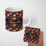 Personalized Custom Name Bold Red and Cream Peony Floral on Dark Background Seamless Pattern 11oz Ceramic Coffee Tea Mug White Large Handle