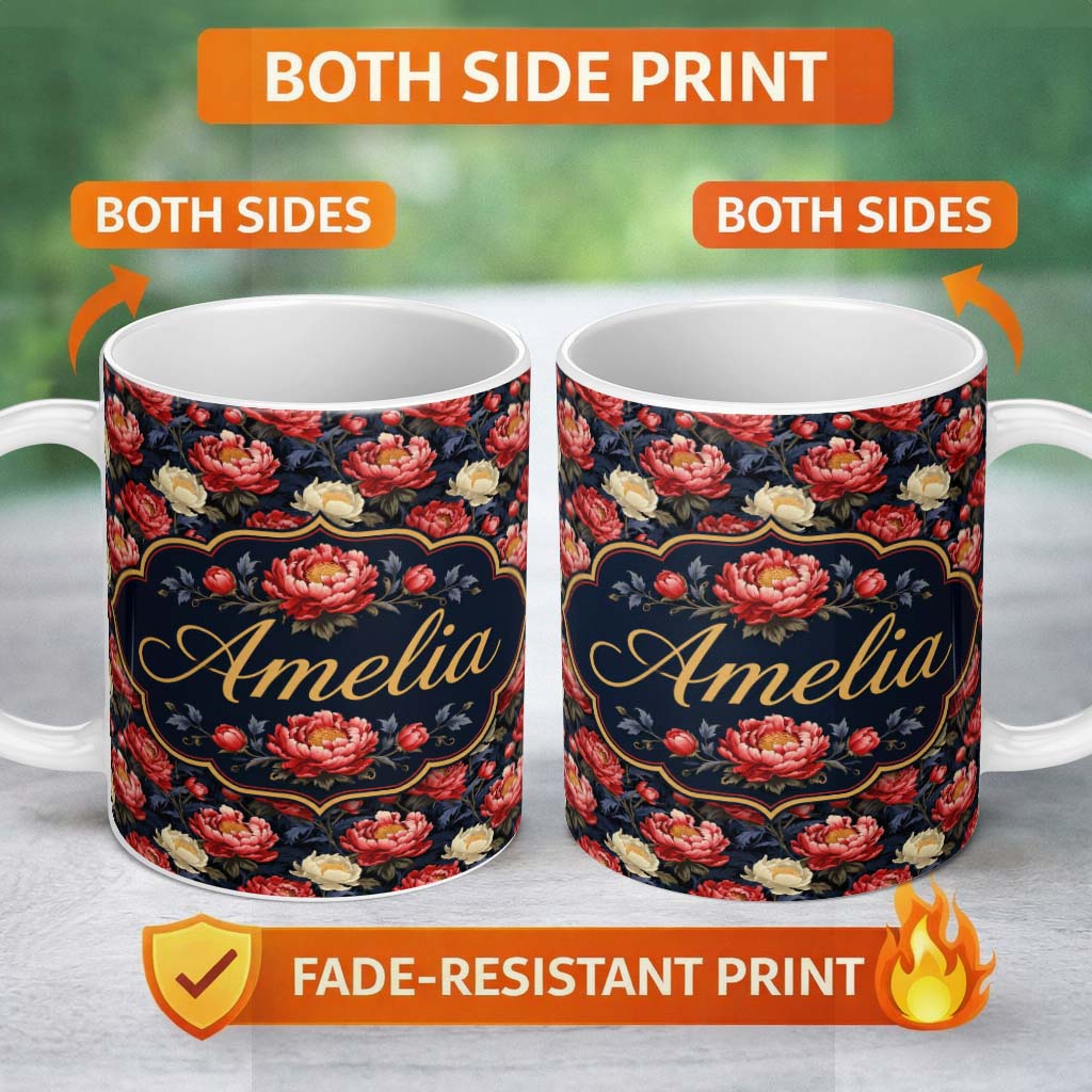 Personalized Custom Name Bold Red and Cream Peony Floral on Dark Background Seamless Pattern 11oz Ceramic Coffee Tea Mug White Large Handle