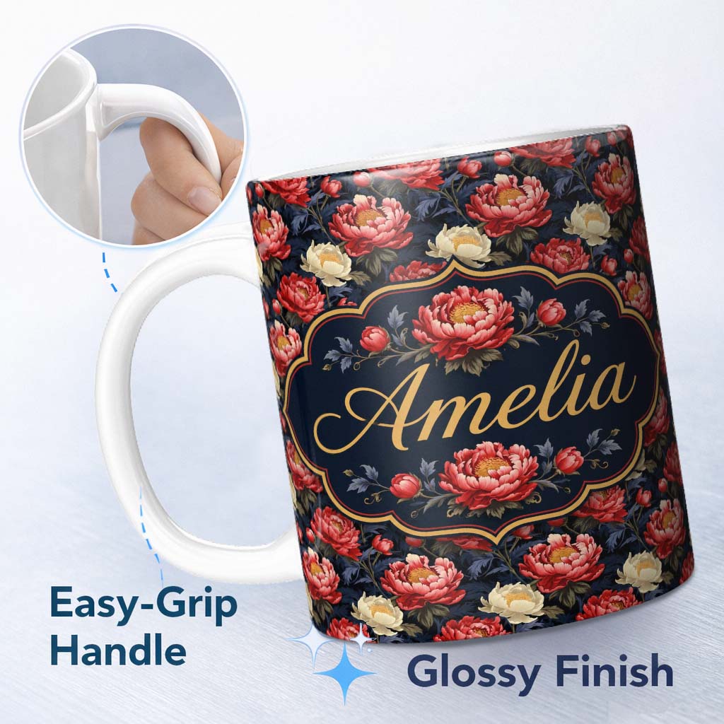 Personalized Custom Name Bold Red and Cream Peony Floral on Dark Background Seamless Pattern 11oz Ceramic Coffee Tea Mug White Large Handle