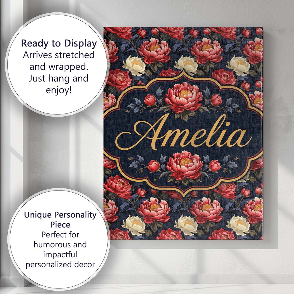 Personalised Name Bold Red and Cream Peony Custom  Unique Gift Idea Elegant Feature Canvas Wall Art Print Decor Picture Ready to Hang