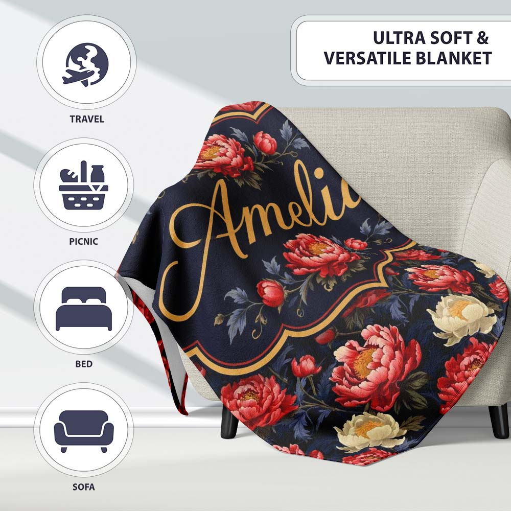 Bold Red and Cream Peony Floral on Dark Background Seamless Pattern  Personalised Custom Name Super Soft Fleece Blanket Bed Sofa Throw