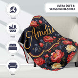 Bold Red and Cream Peony Floral on Dark Background Seamless Pattern  Personalised Custom Name Super Soft Fleece Blanket Bed Sofa Throw