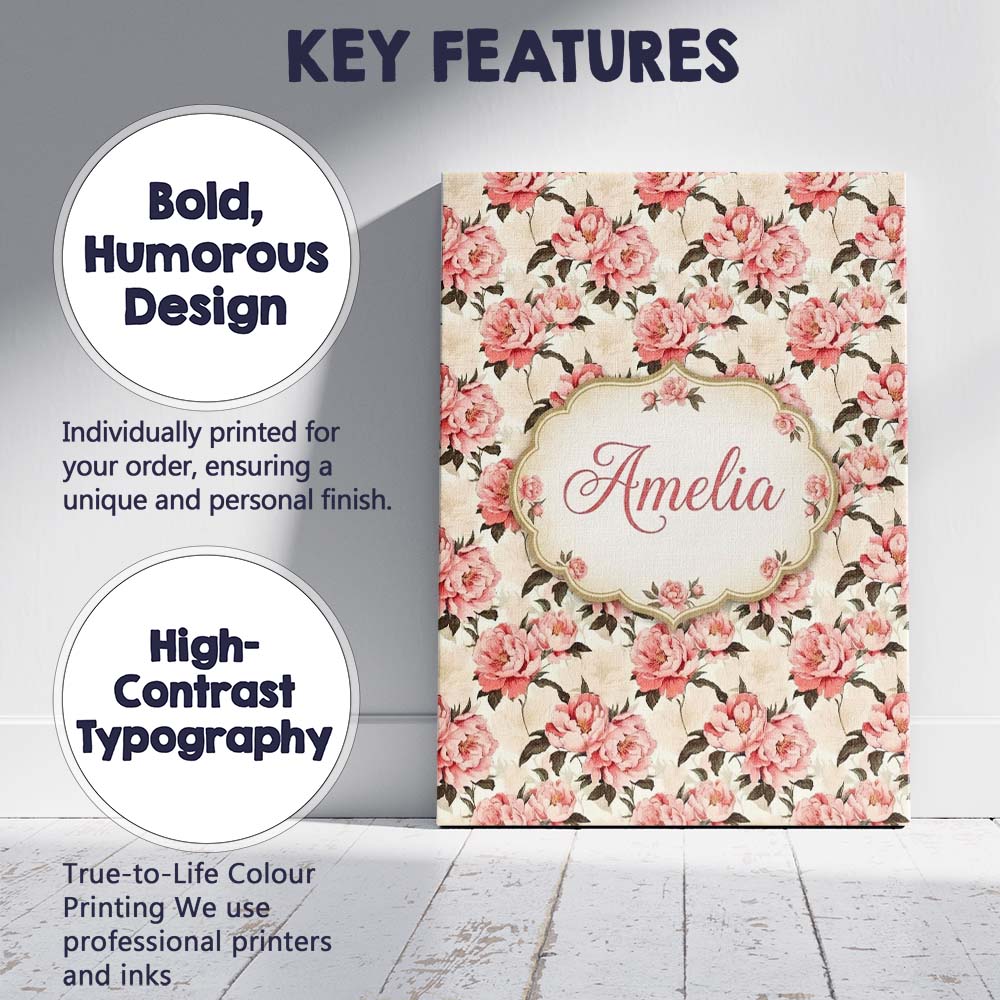 Personalised Name Delicate Pink Peony Custom Modern Room Accent Creative Decorator Style Canvas Wall Art Print Decor Picture Ready to Hang