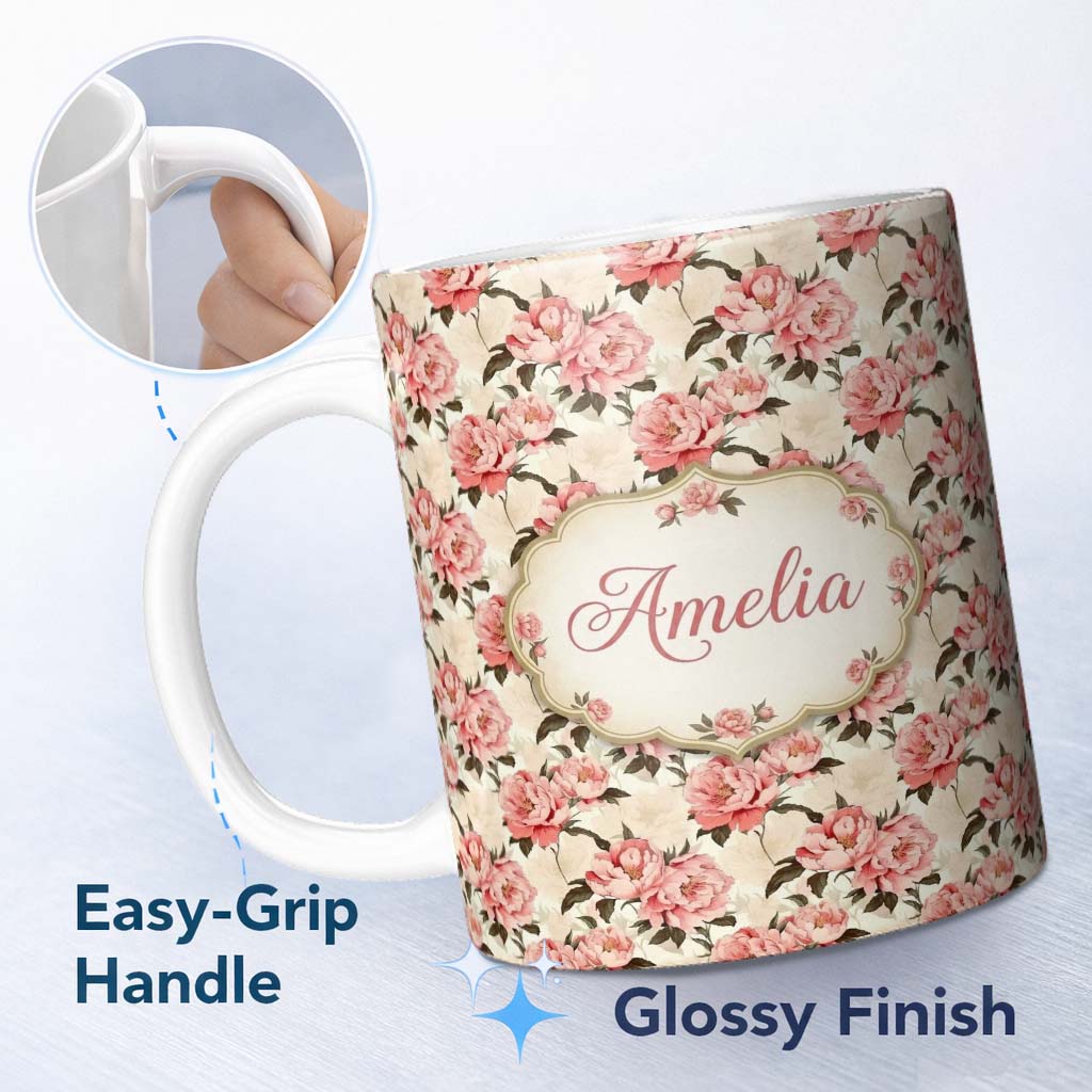Personalized Custom Name Delicate Pink Peony Blossoms on Neutral Background Seamless Pattern 11oz Ceramic Coffee Tea Mug White Large Handle