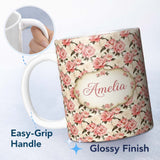 Personalized Custom Name Delicate Pink Peony Blossoms on Neutral Background Seamless Pattern 11oz Ceramic Coffee Tea Mug White Large Handle