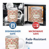 Personalized Custom Name Delicate Pink Peony Blossoms on Neutral Background Seamless Pattern 11oz Ceramic Coffee Tea Mug White Large Handle