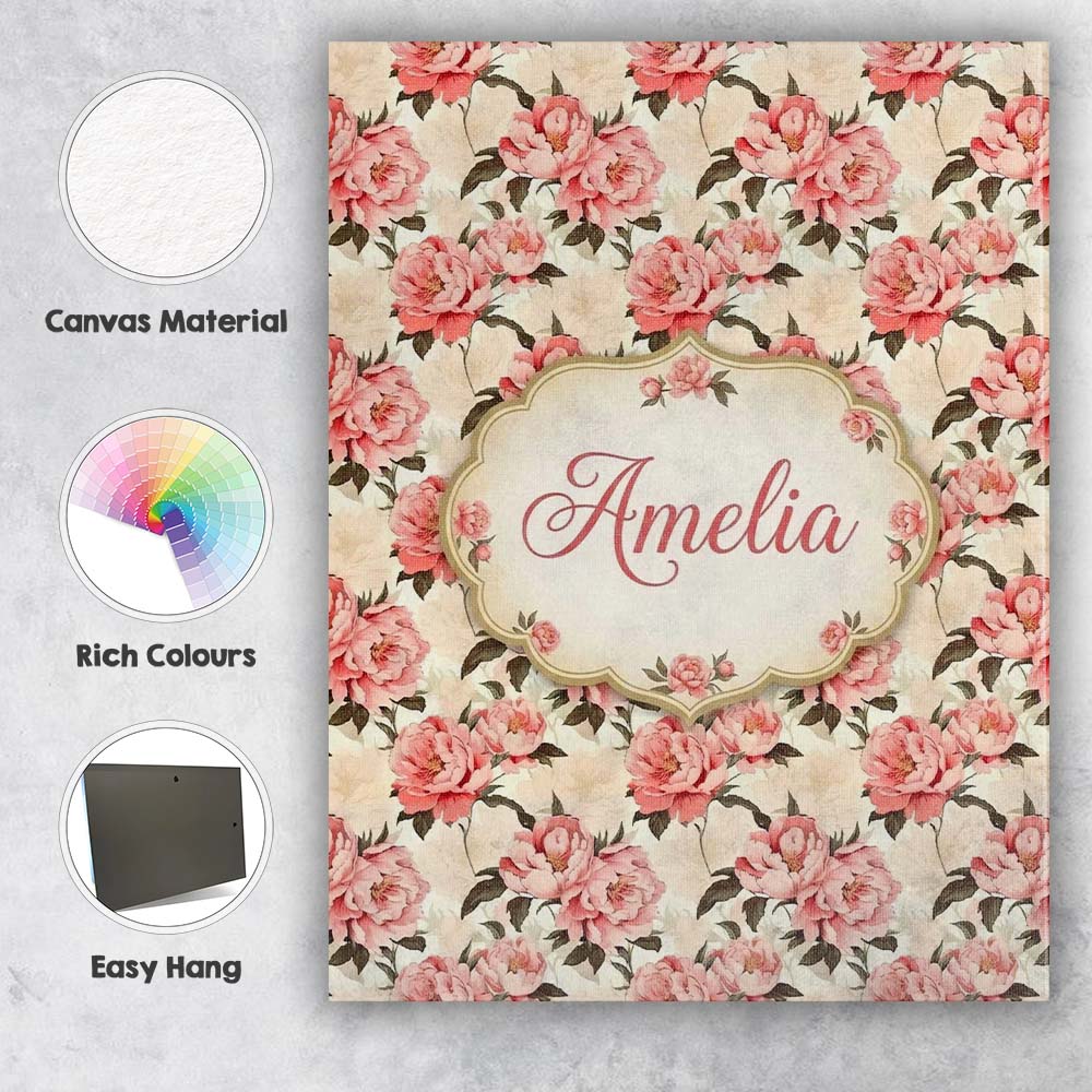 Personalised Name Delicate Pink Peony Custom Modern Room Accent Creative Decorator Style Canvas Wall Art Print Decor Picture Ready to Hang