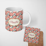 Personalized Custom Name Coral Peony Flowers with Blue Leaves Elegant Seamless Pattern Name 11oz Ceramic Coffee Tea Mug White Large Handle