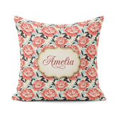 Custom Name Coral Peony Flowers with Blue Leaves Elegant Pattern Square Filled Cushion Throw Pillow Sofa Bed Home Decor Zip Washable UK Made