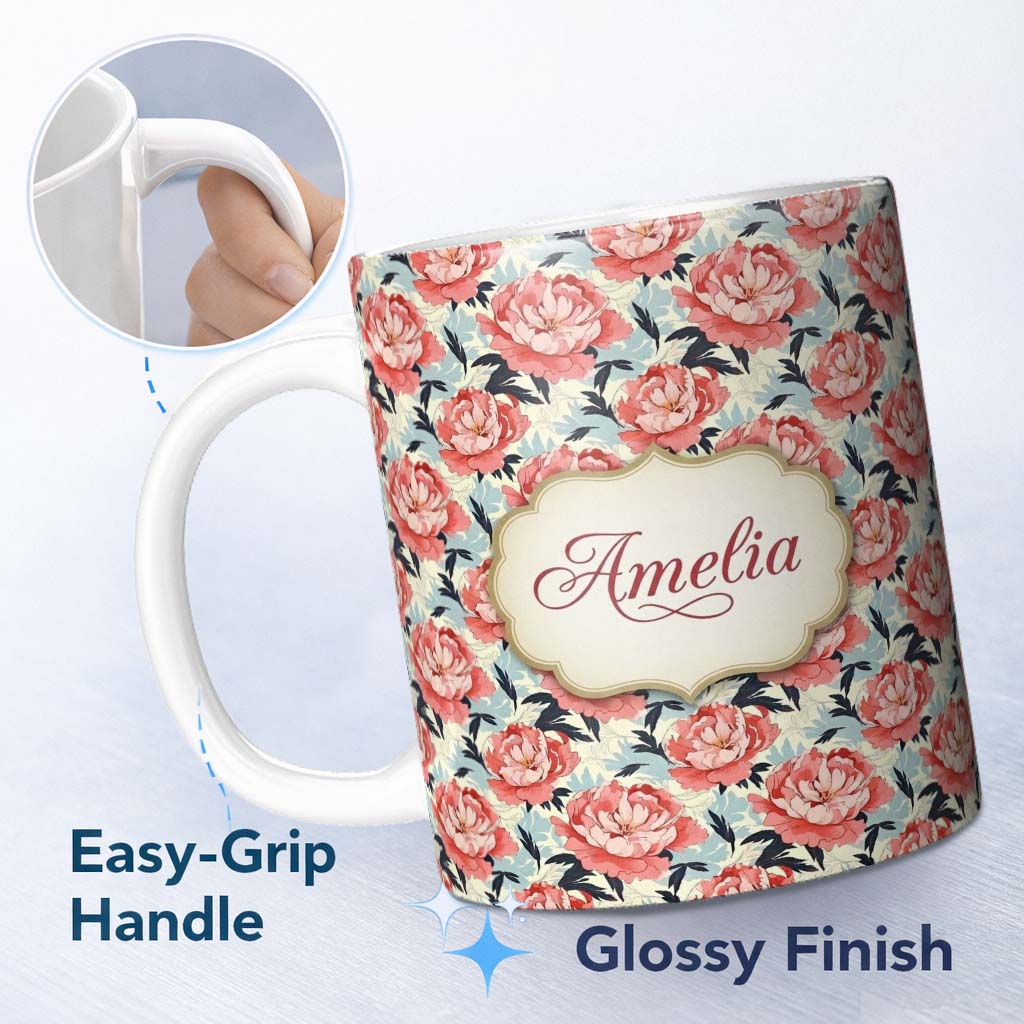 Personalized Custom Name Coral Peony Flowers with Blue Leaves Elegant Seamless Pattern Name 11oz Ceramic Coffee Tea Mug White Large Handle