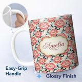 Personalized Custom Name Coral Peony Flowers with Blue Leaves Elegant Seamless Pattern Name 11oz Ceramic Coffee Tea Mug White Large Handle