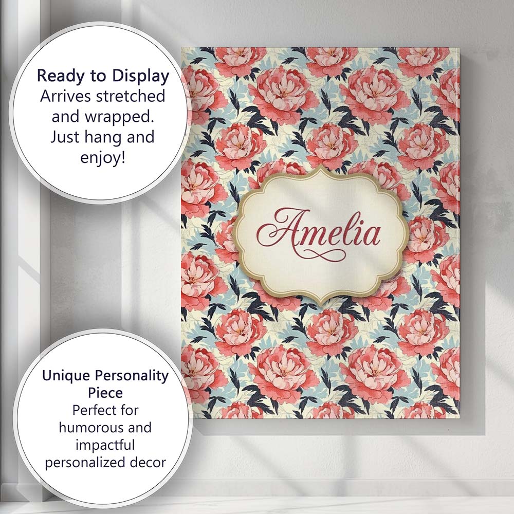 Personalised Name Coral Peony Flowers with Custom  Unique Gift Idea Elegant Feature Canvas Wall Art Print Decor Picture Ready to Hang