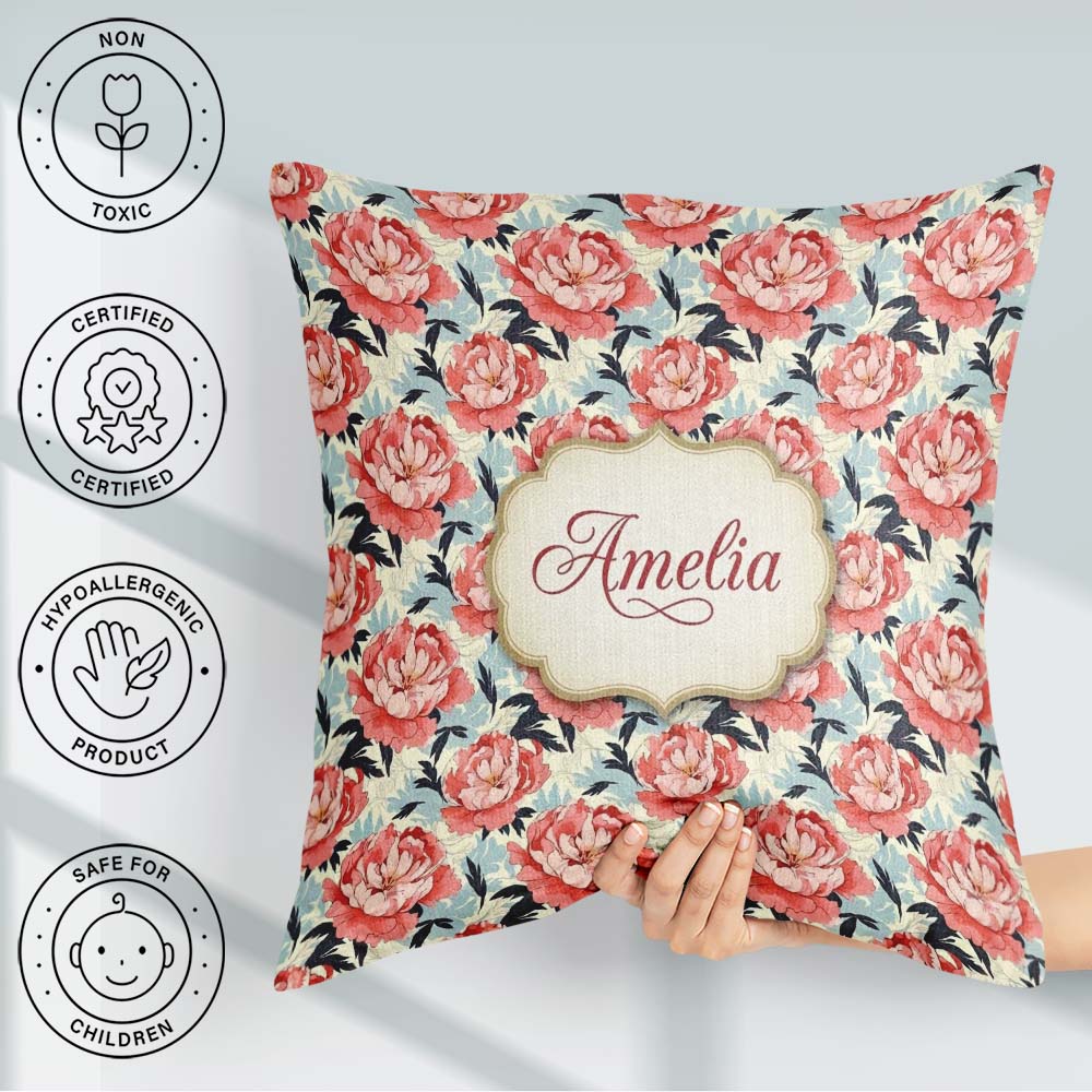 Custom Name Coral Peony Flowers with Blue Leaves Elegant Pattern Square Filled Cushion Throw Pillow Sofa Bed Home Decor Zip Washable UK Made