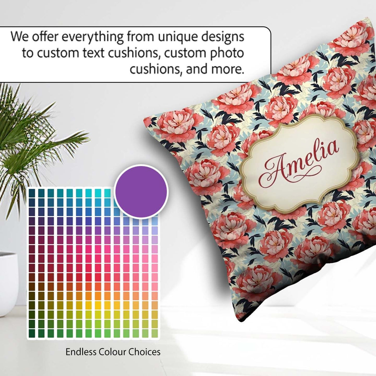 Custom Name Coral Peony Flowers with Blue Leaves Elegant Pattern Square Filled Cushion Throw Pillow Sofa Bed Home Decor Zip Washable UK Made