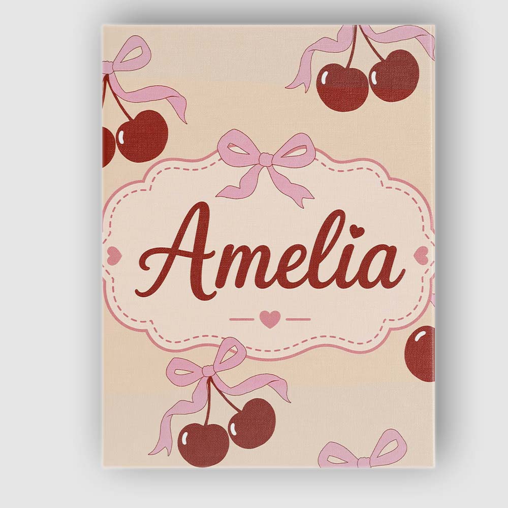Personalised Name Cherry Bow Ribbon Cute Warm Beige Neutral Background Custom Decorative Canvas Wall Art Print Decor Picture Ready to Hang