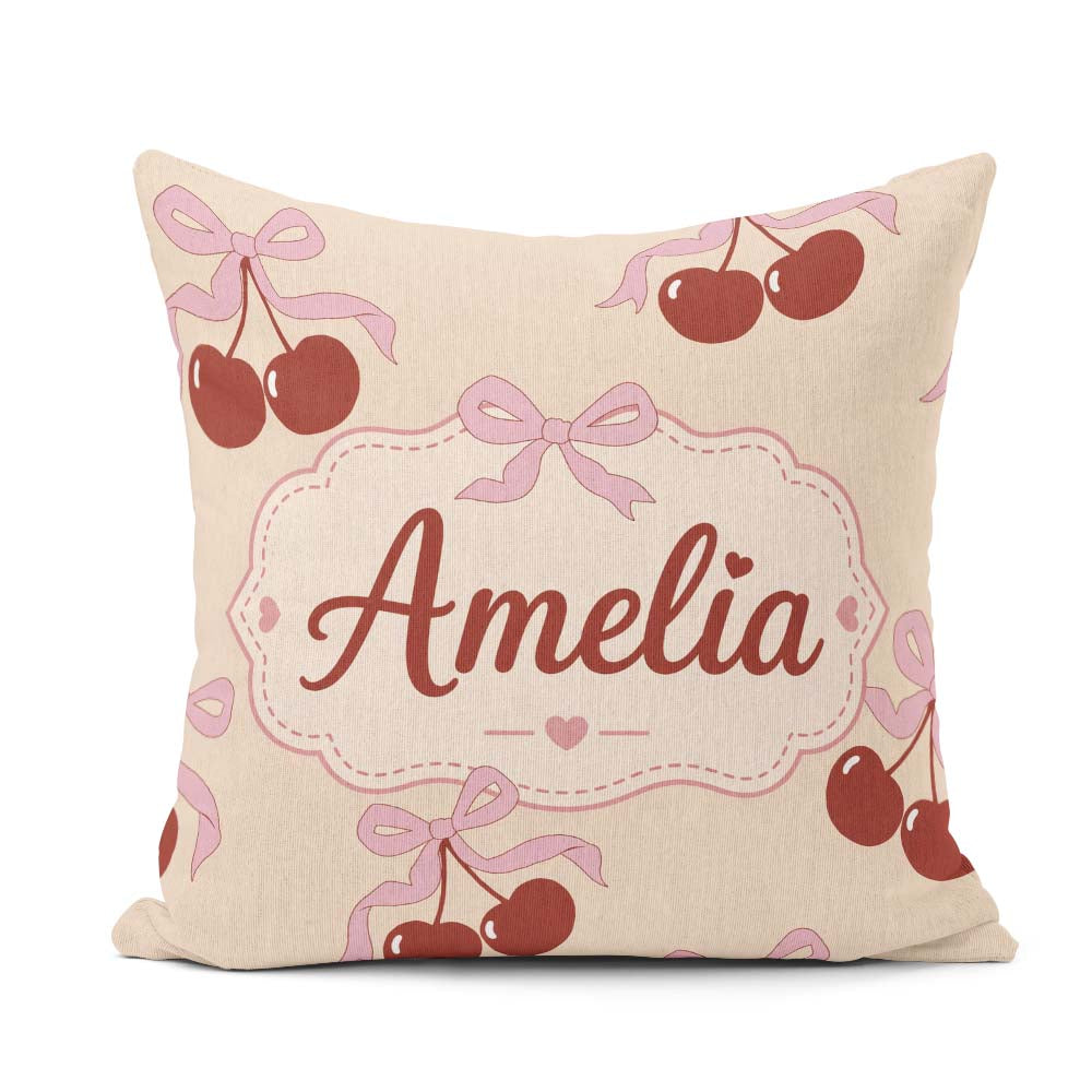 Custom Name Cherry Bow Ribbon Cute Warm Beige Neutral Background Square Filled Cushion Throw Pillow Sofa Bed Home Decor Zip Washable UK Made