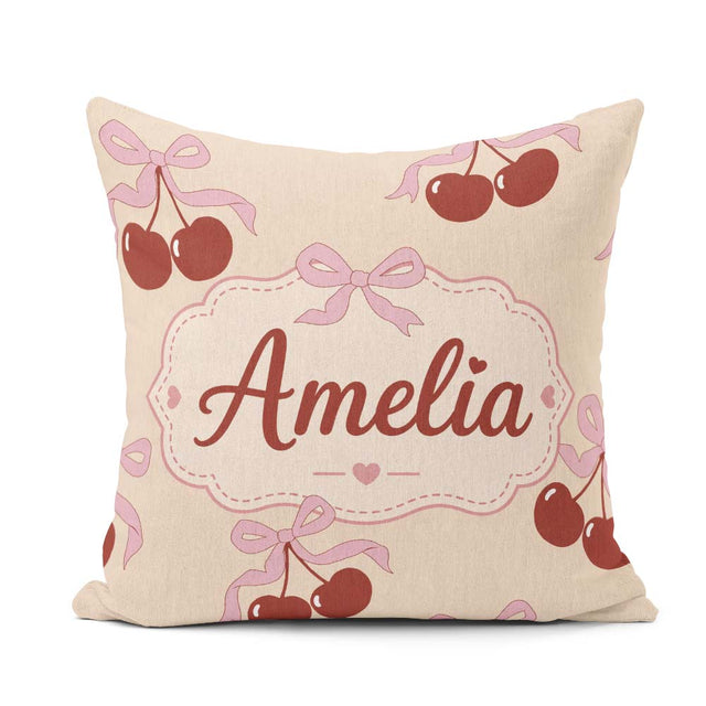 Custom Name Cherry Bow Ribbon Cute Warm Beige Neutral Background Square Filled Cushion Throw Pillow Sofa Bed Home Decor Zip Washable UK Made