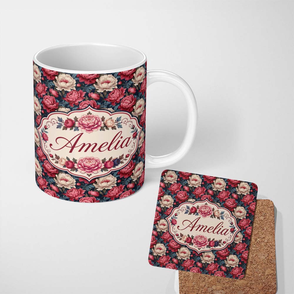 Personalized Custom Name Rich Red and Cream Peony Flowers on Dark Navy Background Seamless 11oz Ceramic Coffee Tea Mug White Large Handle