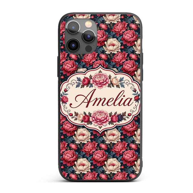 Rich Red and Cream Peony Flowers on Dark Navy Custom Name Protective Phone Case Mobile Cover Durable Everyday Smartphone Shock Resistant
