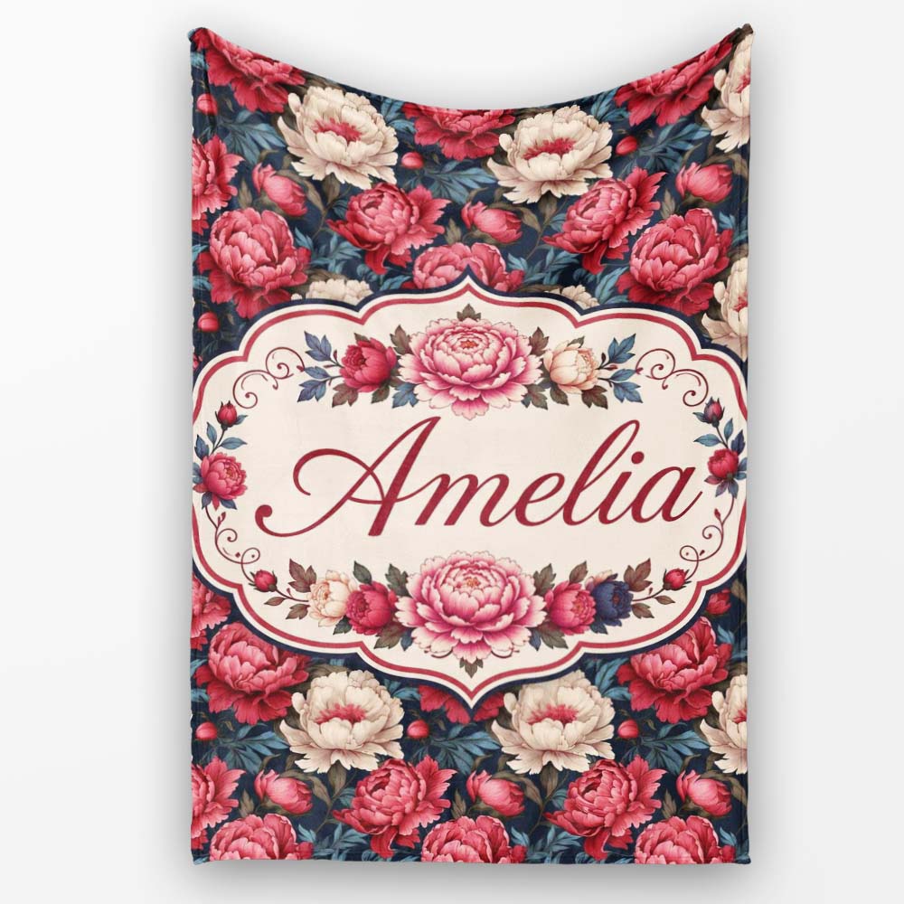 Rich Red and Cream Peony Flowers on Dark Navy Background Seamless  Personalised Custom Name Super Soft Fleece Blanket Bed Sofa Throw