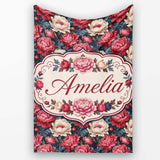 Rich Red and Cream Peony Flowers on Dark Navy Background Seamless  Personalised Custom Name Super Soft Fleece Blanket Bed Sofa Throw