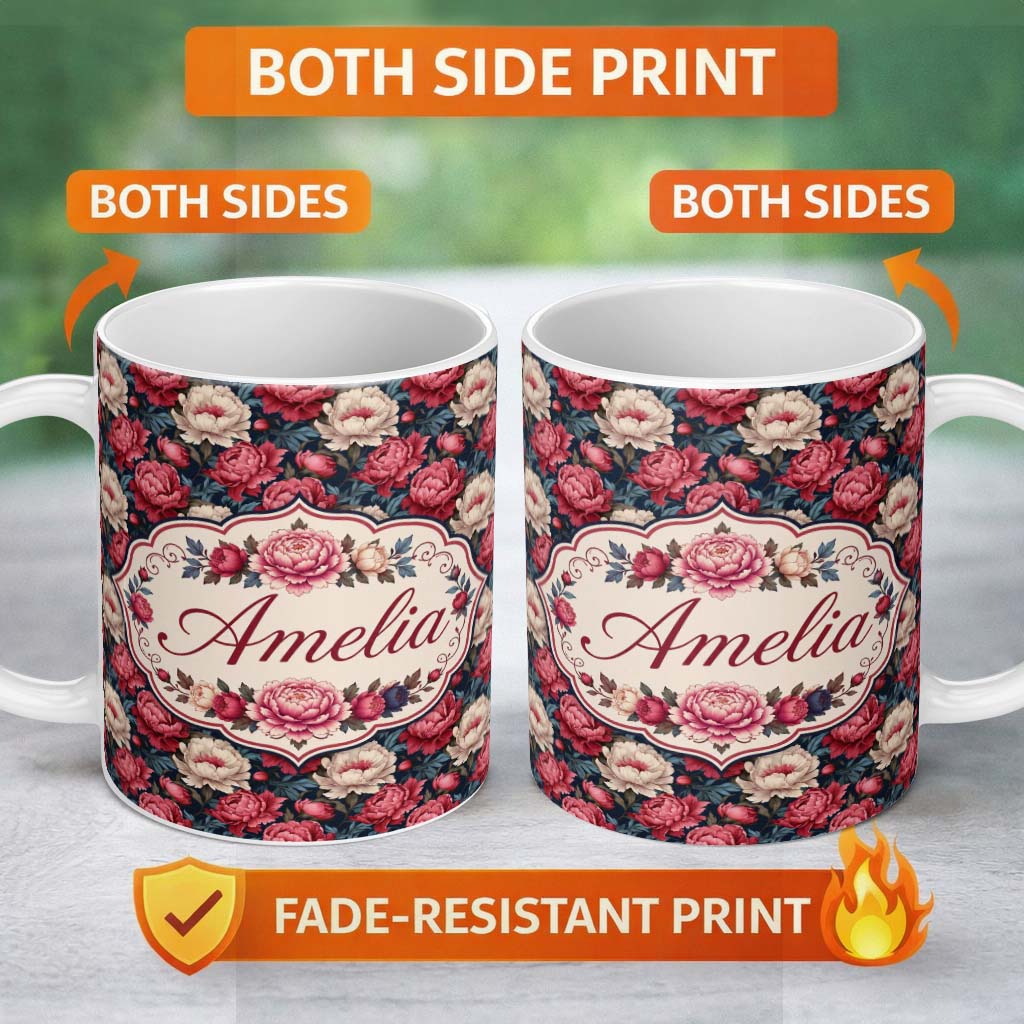 Personalized Custom Name Rich Red and Cream Peony Flowers on Dark Navy Background Seamless 11oz Ceramic Coffee Tea Mug White Large Handle