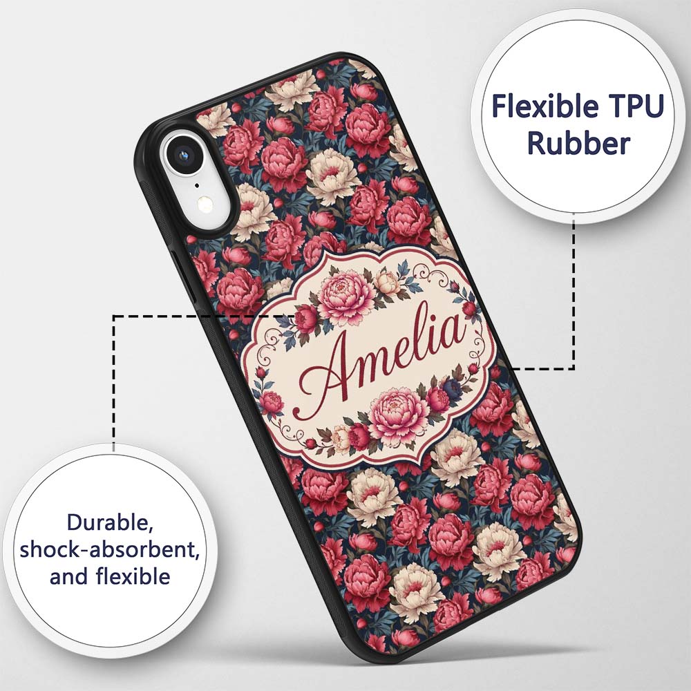 Rich Red and Cream Peony Flowers on Dark Navy Custom Name Protective Phone Case Mobile Cover Durable Everyday Smartphone Shock Resistant