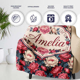 Rich Red and Cream Peony Flowers on Dark Navy Background Seamless  Personalised Custom Name Super Soft Fleece Blanket Bed Sofa Throw