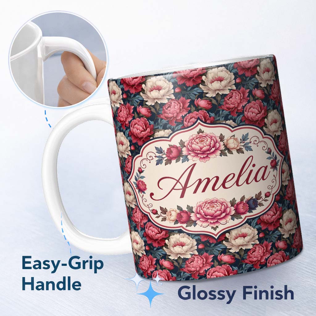 Personalized Custom Name Rich Red and Cream Peony Flowers on Dark Navy Background Seamless 11oz Ceramic Coffee Tea Mug White Large Handle