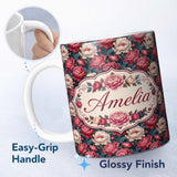 Personalized Custom Name Rich Red and Cream Peony Flowers on Dark Navy Background Seamless 11oz Ceramic Coffee Tea Mug White Large Handle