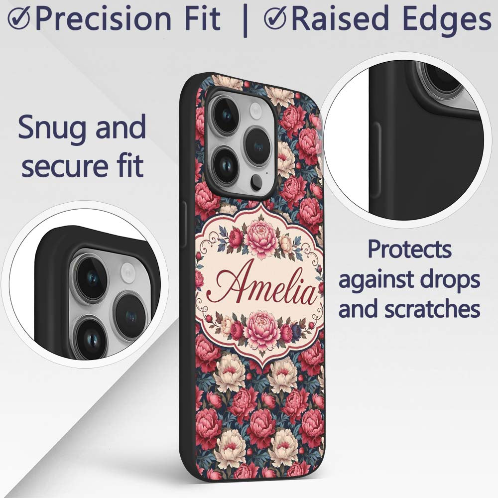 Rich Red and Cream Peony Flowers on Dark Navy Custom Name Protective Phone Case Mobile Cover Durable Everyday Smartphone Shock Resistant